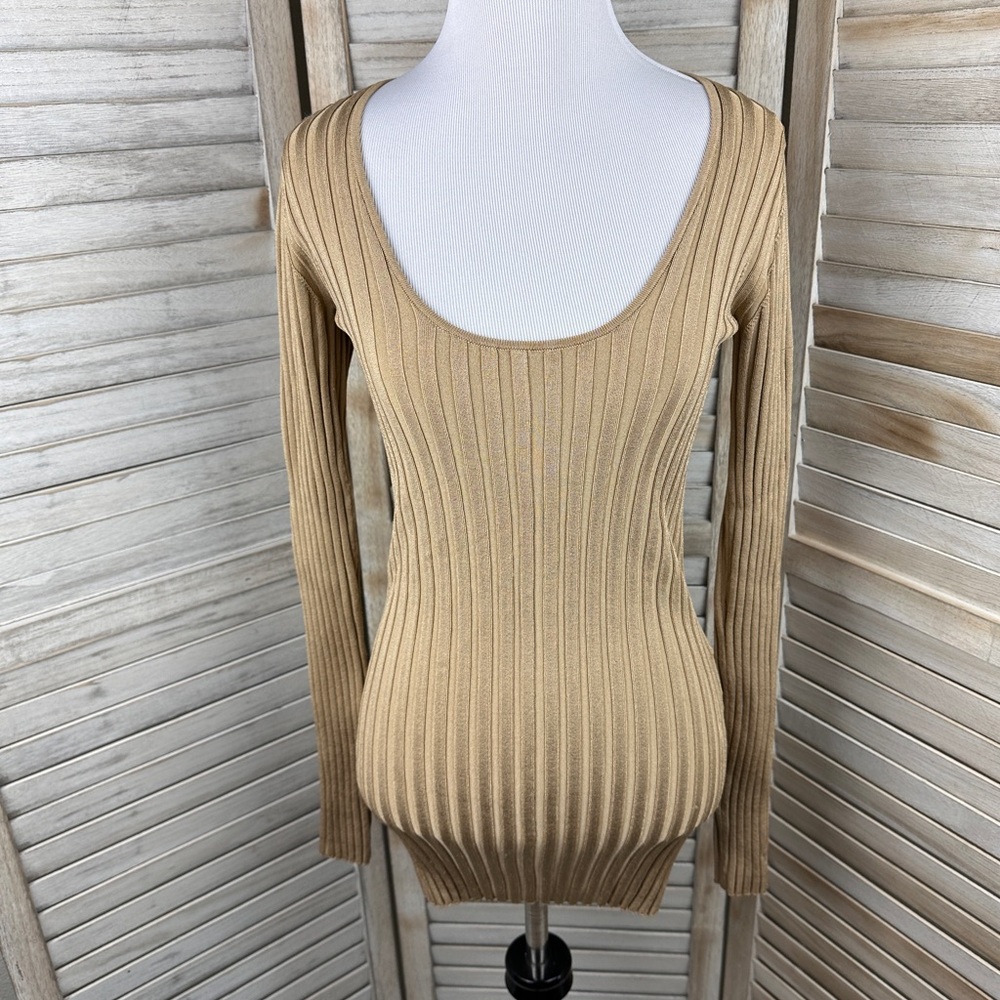 NWT Malene Birgere Tan Bohemian Luxe Rib Knit Long Sleeve Tunic Top Size XSmall